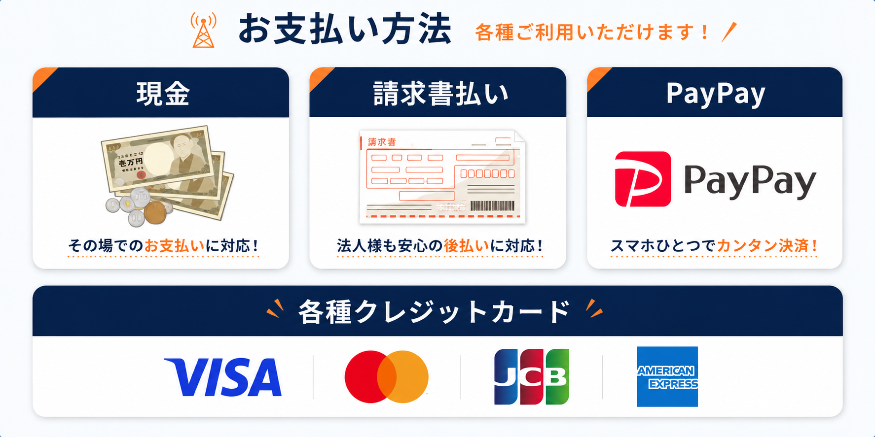 お支払い方法：現金 ／ 請求書払い ／ PayPay ／ 各種クレジットカード（VISA、Mastercard、JCB、AMERICAN EXPRESS）に対応