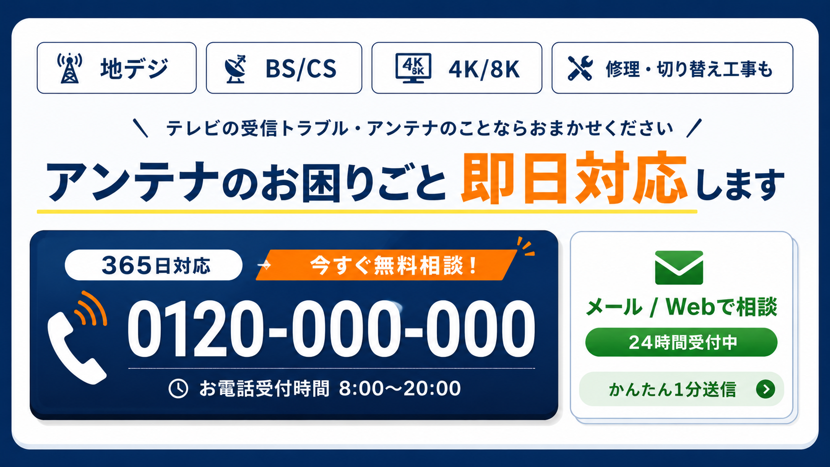 アンテナのお困りごと即日対応します／365日対応／0120-000-000 お電話受付時間 8:00〜20:00／メール・Webで相談 24時間受付中・かんたん1分送信