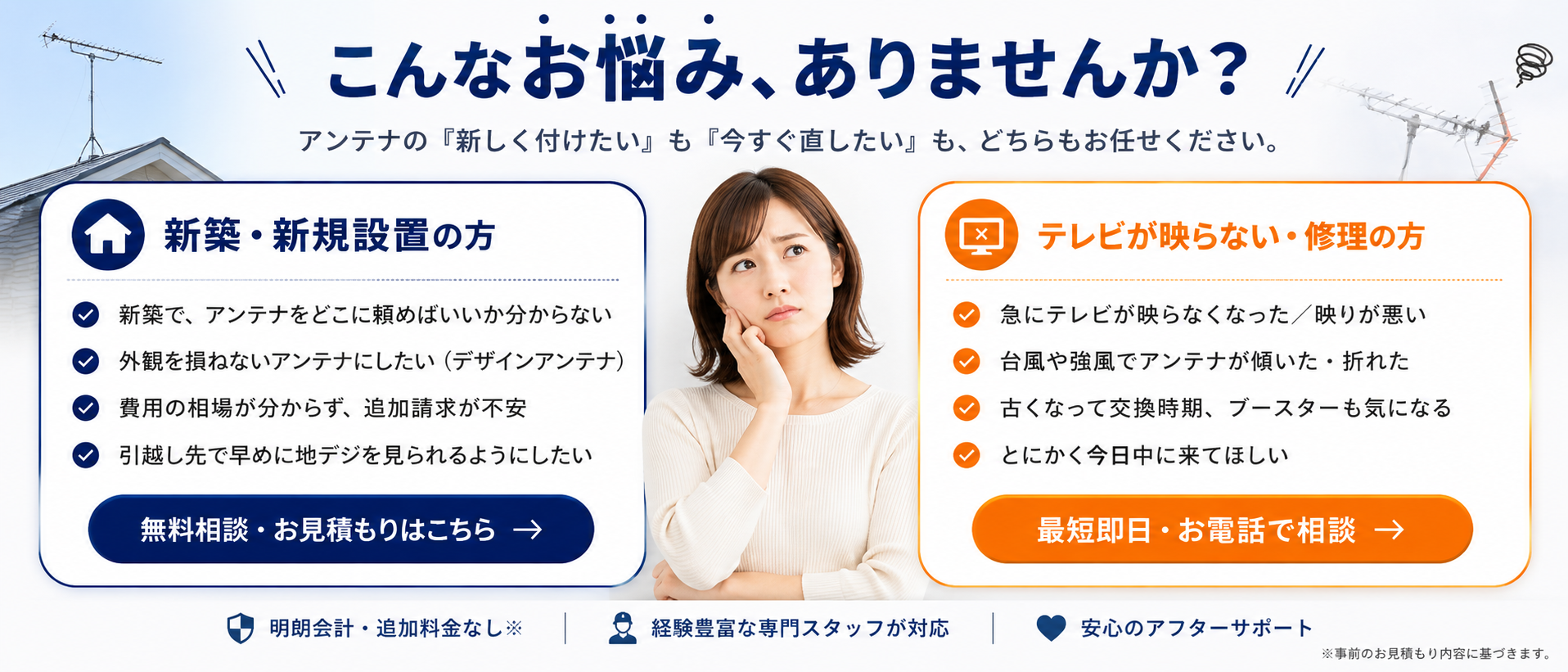 こんなお悩み、ありませんか？ アンテナの新しく付けたいも今すぐ直したいも、どちらもお任せください。新築・新規設置の方／テレビが映らない・修理の方／明朗会計・追加料金なし／経験豊富な専門スタッフが対応／安心のアフターサポート